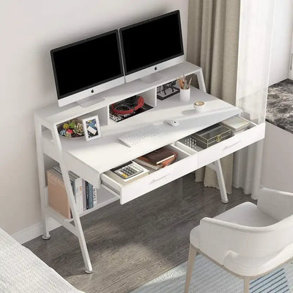 Computer Desk with 2 Drawers and Storage Shelves, Office Desk with Monitor Stand