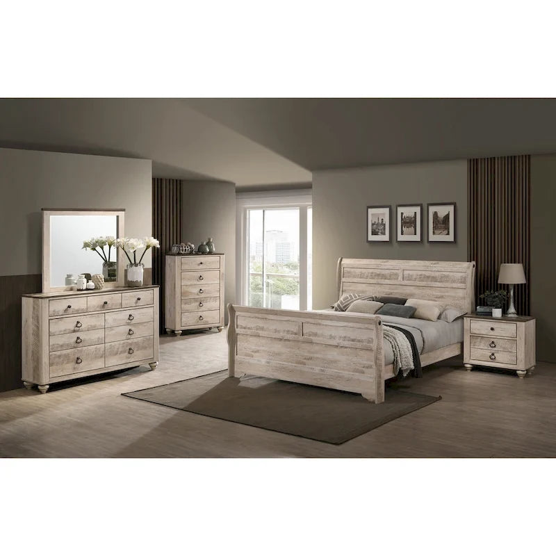 Roundhill Furniture Imerland Contemporary White Wash Finish Bedroom Set with Sleigh Bed, Dresser, Mirror, Nightstand, Chest