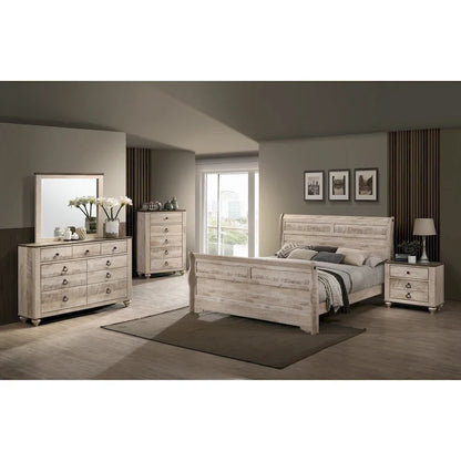 Roundhill Furniture Imerland Contemporary White Wash Finish Bedroom Set with Sleigh Bed, Dresser, Mirror, Nightstand, Chest