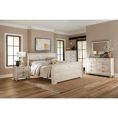Roundhill Furniture Imerland Contemporary White Wash Finish Bedroom Set with Sleigh Bed, Dresser, Mirror, Nightstand, Chest