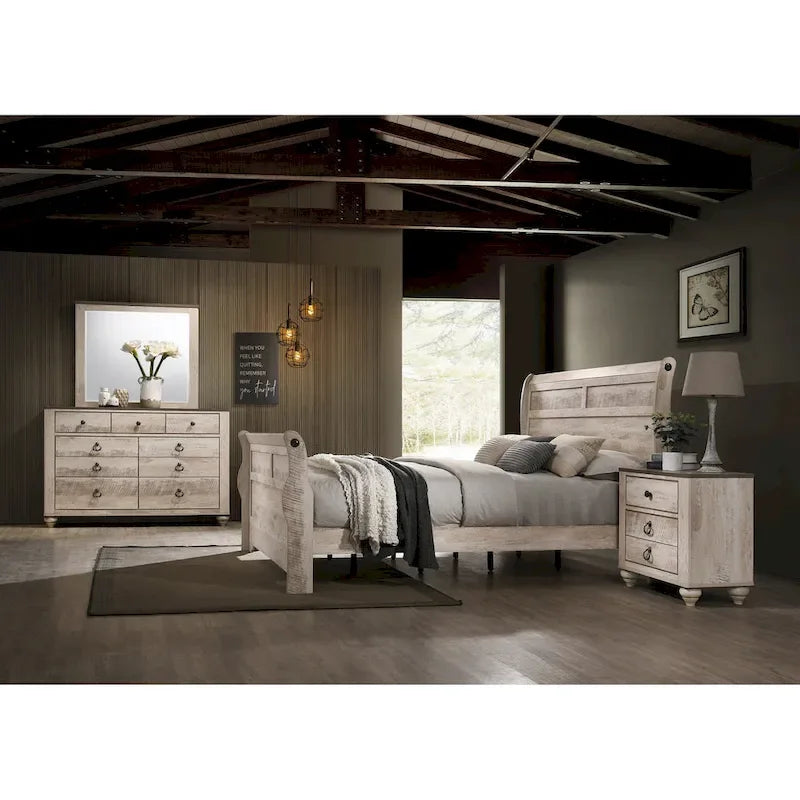 Roundhill Furniture Imerland Contemporary White Wash Finish Bedroom Set with Sleigh Bed, Dresser, Mirror, Nightstand, Chest