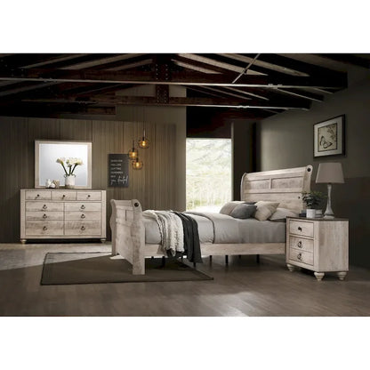 Roundhill Furniture Imerland Contemporary White Wash Finish Bedroom Set with Sleigh Bed, Dresser, Mirror, Nightstand, Chest
