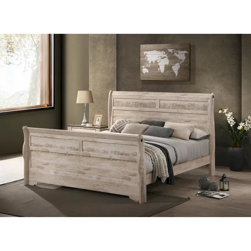 Roundhill Furniture Imerland Contemporary White Wash Finish Bedroom Set with Sleigh Bed, Dresser, Mirror, Nightstand, Chest