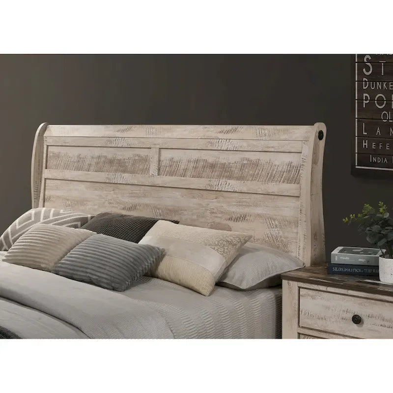 Roundhill Furniture Imerland Contemporary White Wash Finish Bedroom Set with Sleigh Bed, Dresser, Mirror, Nightstand, Chest