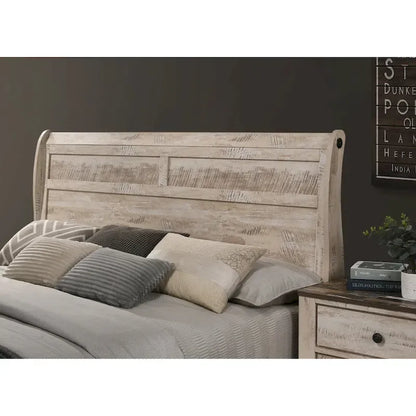 Roundhill Furniture Imerland Contemporary White Wash Finish Bedroom Set with Sleigh Bed, Dresser, Mirror, Nightstand, Chest