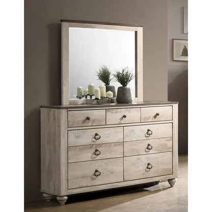 Roundhill Furniture Imerland Contemporary White Wash Finish Bedroom Set with Sleigh Bed, Dresser, Mirror, Nightstand, Chest