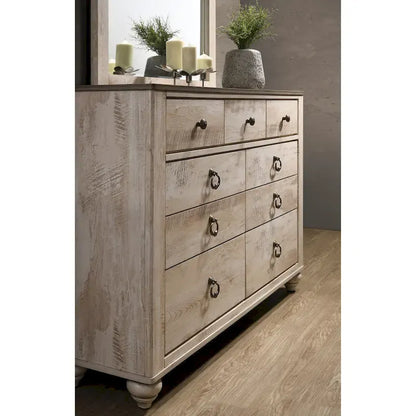 Roundhill Furniture Imerland Contemporary White Wash Finish Bedroom Set with Sleigh Bed, Dresser, Mirror, Nightstand, Chest