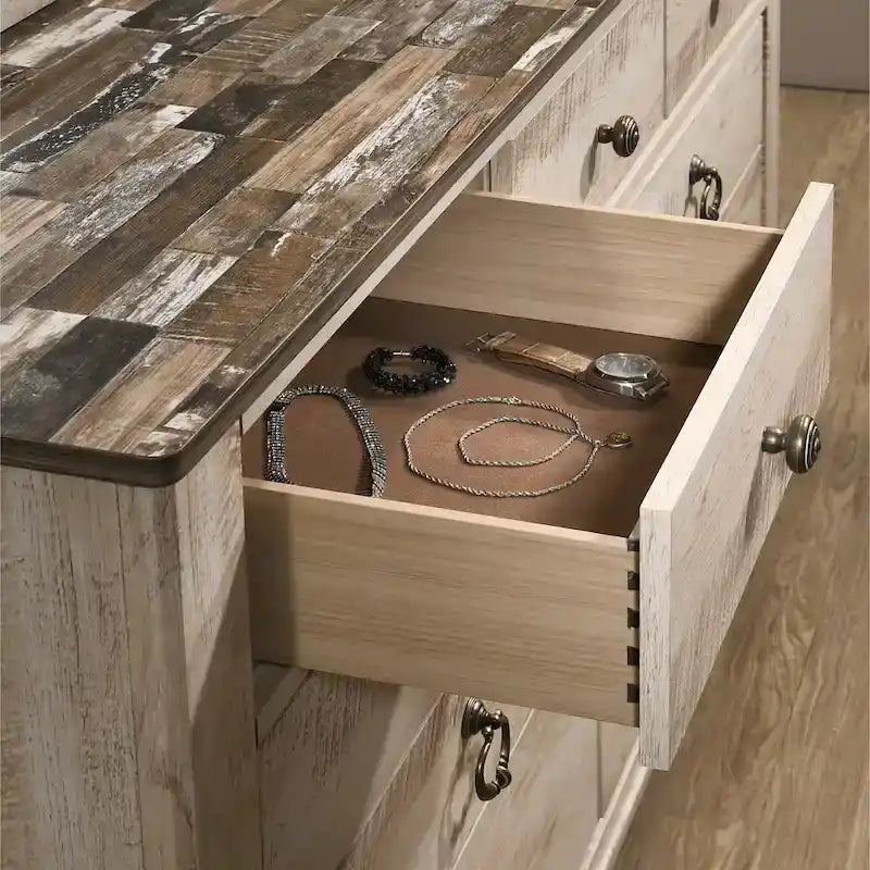 Roundhill Furniture Imerland Contemporary White Wash Finish Bedroom Set with Sleigh Bed, Dresser, Mirror, Nightstand, Chest