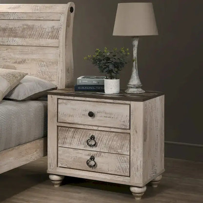 Roundhill Furniture Imerland Contemporary White Wash Finish Bedroom Set with Sleigh Bed, Dresser, Mirror, Nightstand, Chest