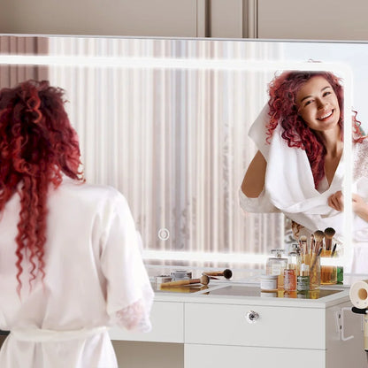 Moasis 47 Vanity Desk with LED and Power Outlets, Makeup Vanity Dressing Table with Dividers and Hair Dryer Rack