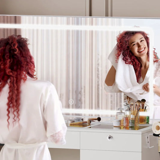 Moasis 47 Vanity Desk with LED and Power Outlets, Makeup Vanity Dressing Table with Dividers and Hair Dryer Rack