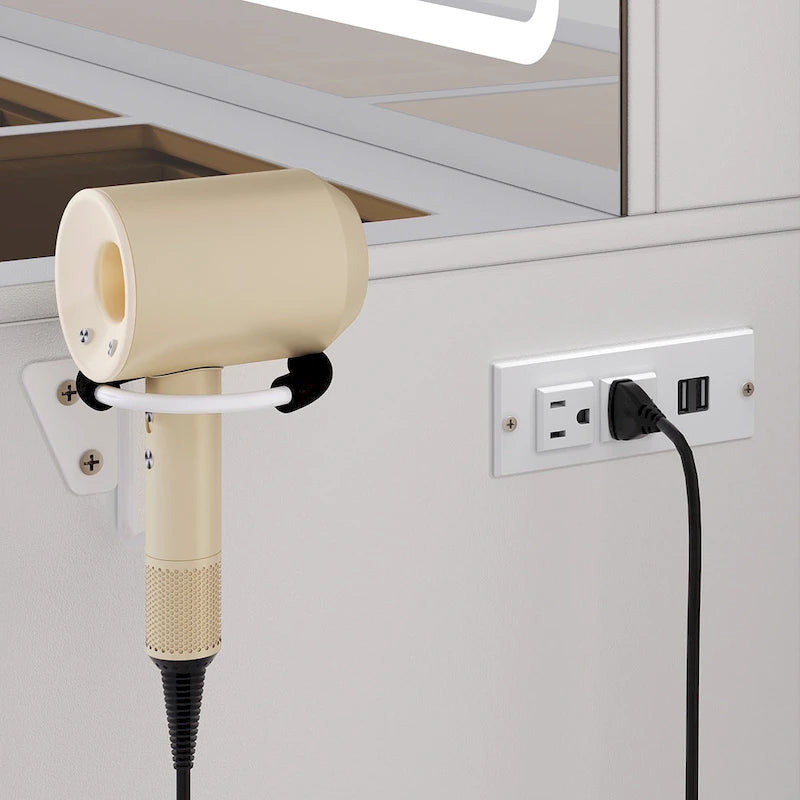 Moasis 47 Vanity Desk with LED and Power Outlets, Makeup Vanity Dressing Table with Dividers and Hair Dryer Rack