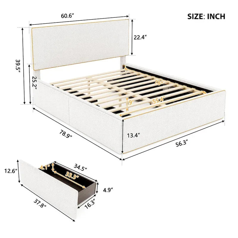 Full Size Upholstered Platform Bed with 4 Drawers