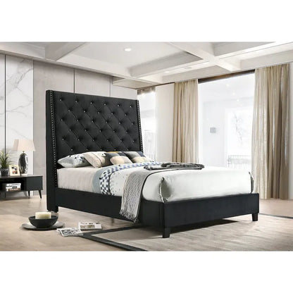 Marillin Black Velvet Upholstered Tufted Bed