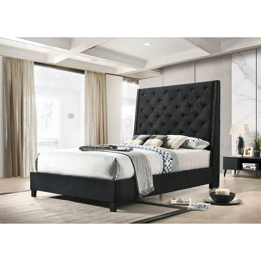 Marillin Black Velvet Upholstered Tufted Bed