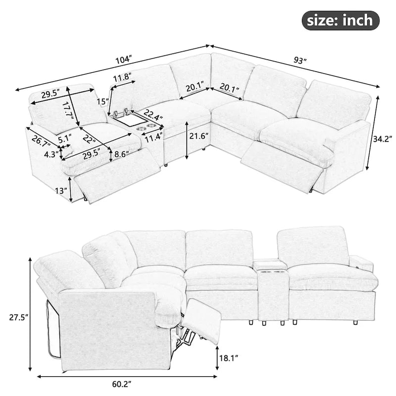 Metal 104 Power Recliner Corner Sofa Home Theater Reclining Sofa Sectional Couches with Storage Box, Cup Holders, USB Ports and Powe - image 2