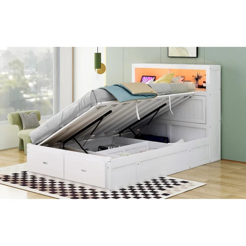 Wood Full Size Hydraulic Platform Bed with Storage LED Headboard, Charging Station and 2 Drawers, Gray