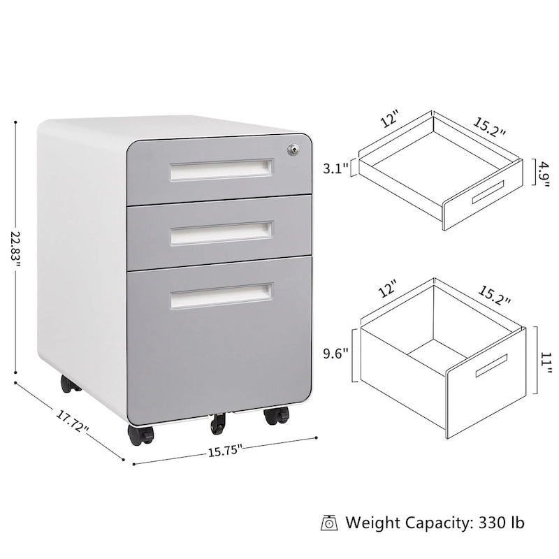 3-drawer Steel Filing Cabinets with Lock Mobile Under Desk Fully Assembled Cabinet