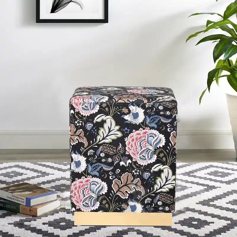 Adeco Square Velvet Ottoman Upholstered Stool Vanity Gold Plating Base