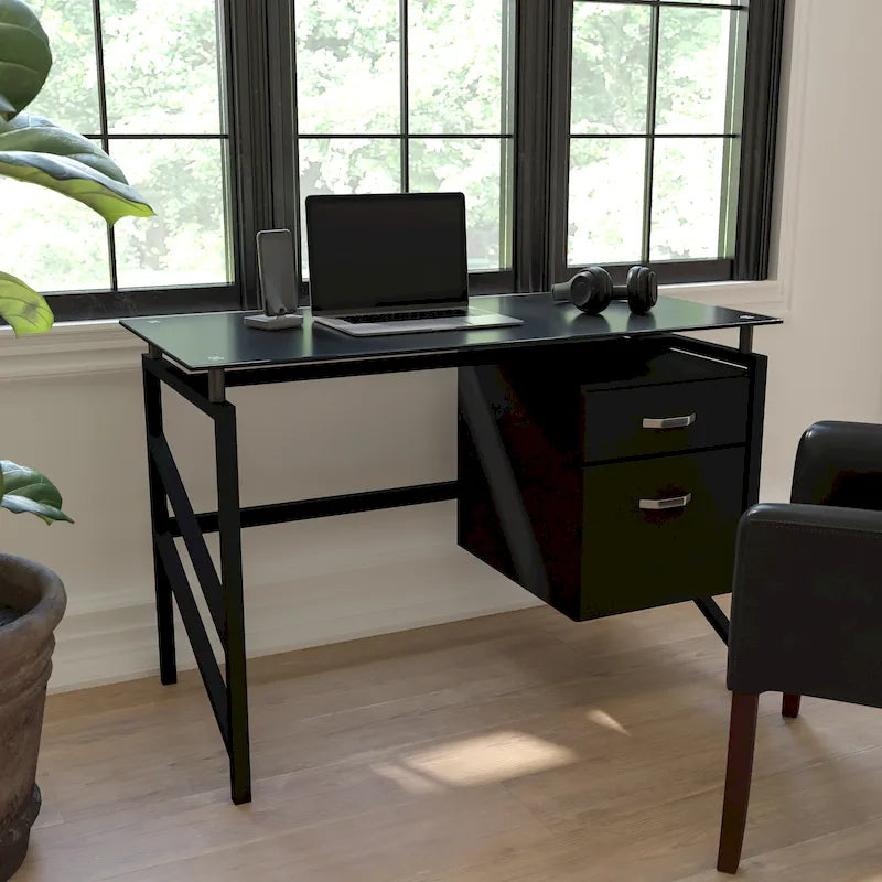 Two Drawer Pedestal Desk with Tempered Glass Top and Metal Frame