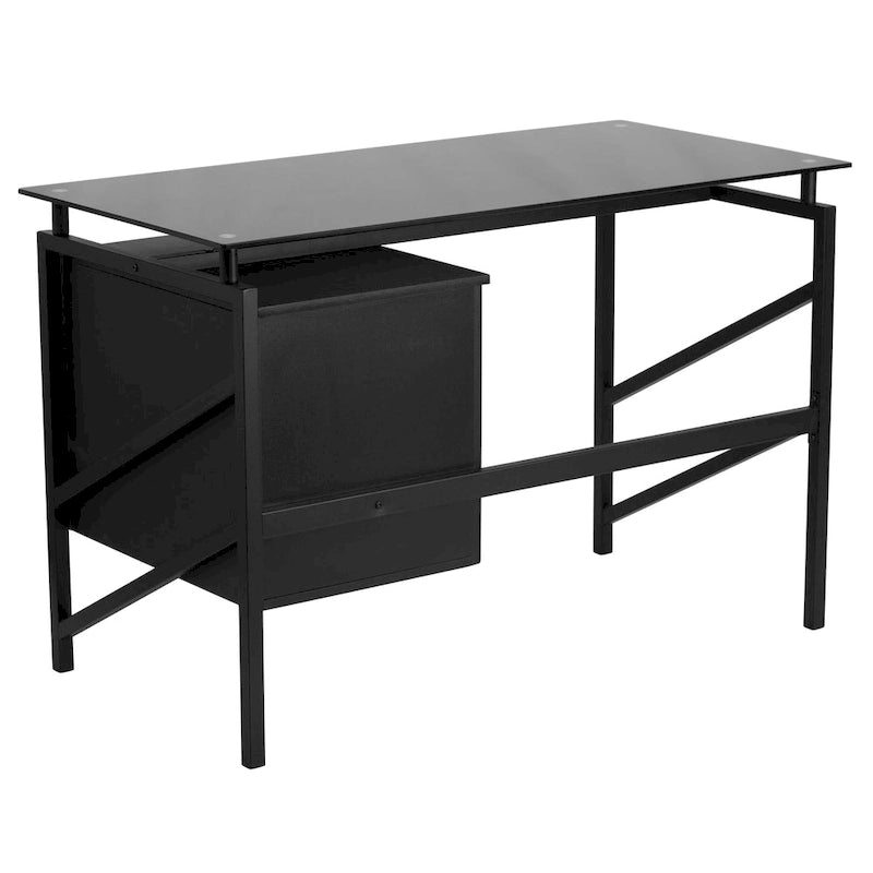 Two Drawer Pedestal Desk with Tempered Glass Top and Metal Frame
