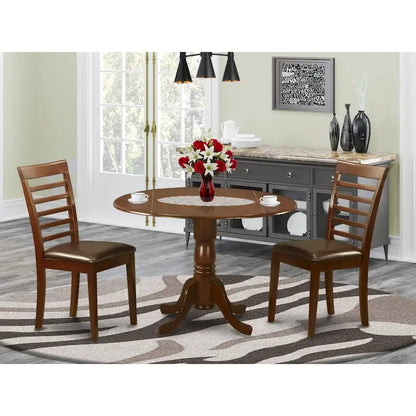 East West Furniture 3 Piece Modern Table Set- A Round Table with Dropleaf and 2 Kitchen Dining Chairs, Mahogany (Seats Option)