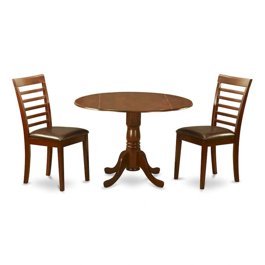 East West Furniture 3 Piece Modern Table Set- A Round Table with Dropleaf and 2 Kitchen Dining Chairs, Mahogany (Seats Option)