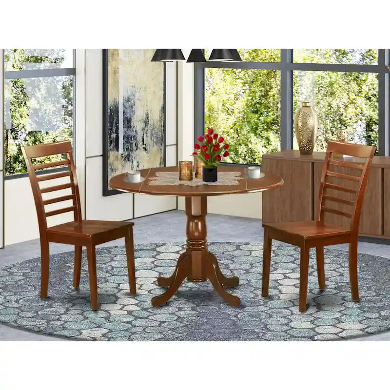 East West Furniture 3 Piece Modern Table Set- A Round Table with Dropleaf and 2 Kitchen Dining Chairs, Mahogany (Seats Option)