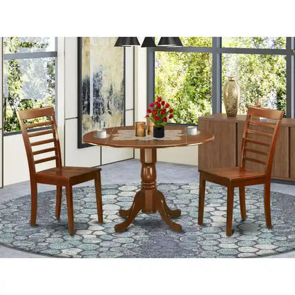 East West Furniture 3 Piece Modern Table Set- A Round Table with Dropleaf and 2 Kitchen Dining Chairs, Mahogany (Seats Option)