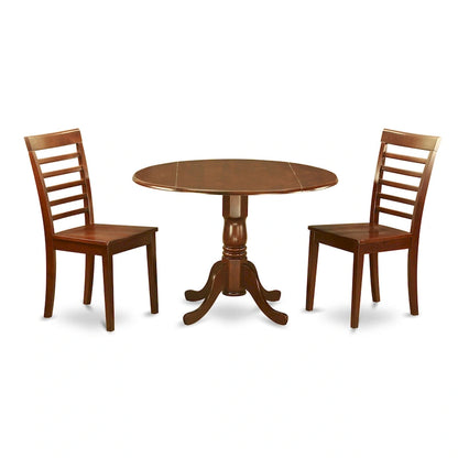 East West Furniture 3 Piece Modern Table Set- A Round Table with Dropleaf and 2 Kitchen Dining Chairs, Mahogany (Seats Option)