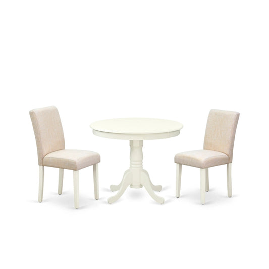 East West Furniture Dining Table Set- A Round Kitchen Table and Light Beige Linen Fabric Chairs, Linen White (Pieces Options)
