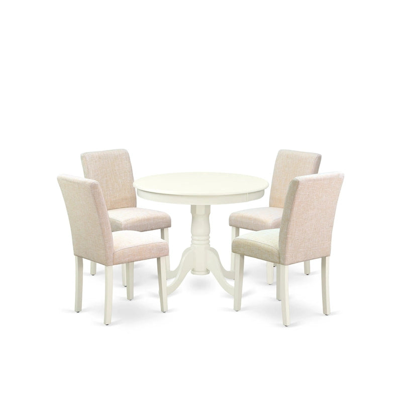 East West Furniture Dining Table Set- A Round Kitchen Table and Light Beige Linen Fabric Chairs, Linen White (Pieces Options)