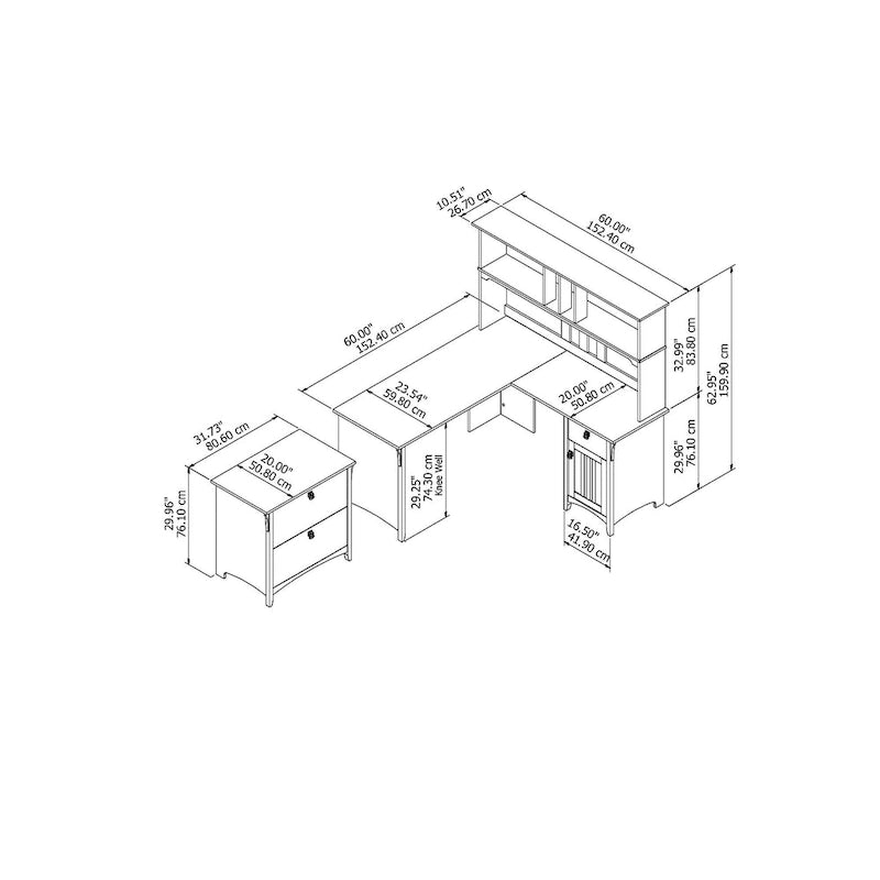 Salinas 60W L Shaped Desk with Hutch and Lateral File Cabinet in White