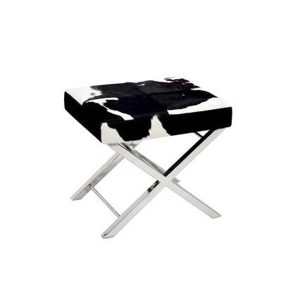 Chrome Stainless Steel Ottoman Chair with Black and White Hairline Leather