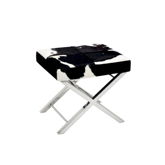 Chrome Stainless Steel Ottoman Chair with Black and White Hairline Leather