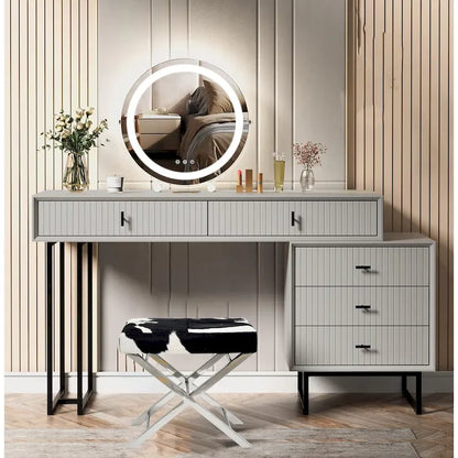 Chrome Stainless Steel Ottoman Chair with Black and White Hairline Leather