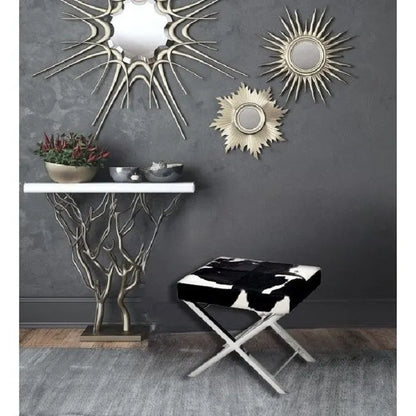 Chrome Stainless Steel Ottoman Chair with Black and White Hairline Leather