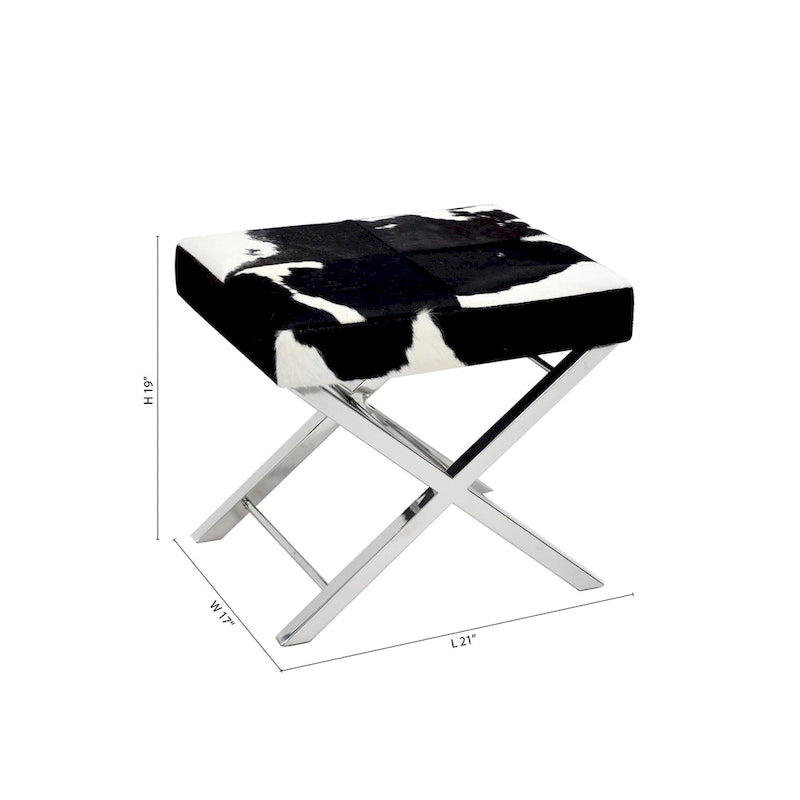 Chrome Stainless Steel Ottoman Chair with Black and White Hairline Leather