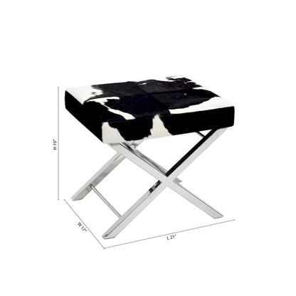 Chrome Stainless Steel Ottoman Chair with Black and White Hairline Leather