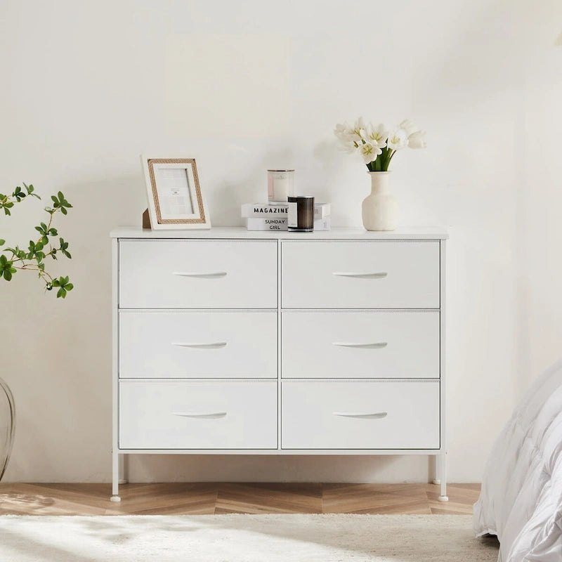 6 Drawers Dresser Chest with Metal Frame and Wooden Top
