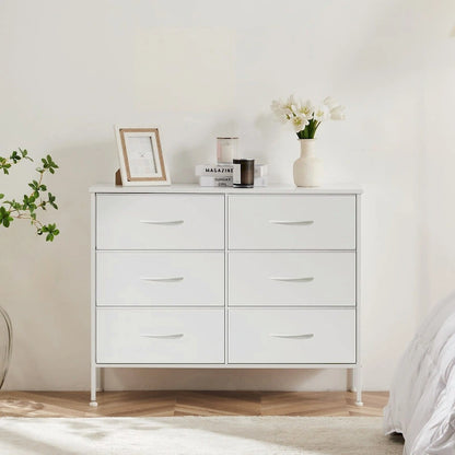 6 Drawers Dresser Chest with Metal Frame and Wooden Top