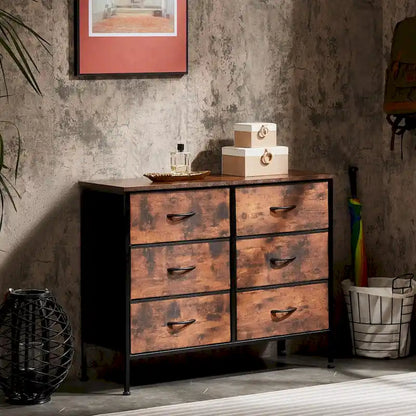 6 Drawers Dresser Chest with Metal Frame and Wooden Top