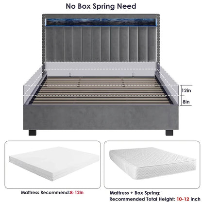 Velvet Queen Size Gas Lift Storage Headboard Bed with LED Lights