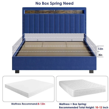 Velvet Queen Size Gas Lift Storage Headboard Bed with LED Lights