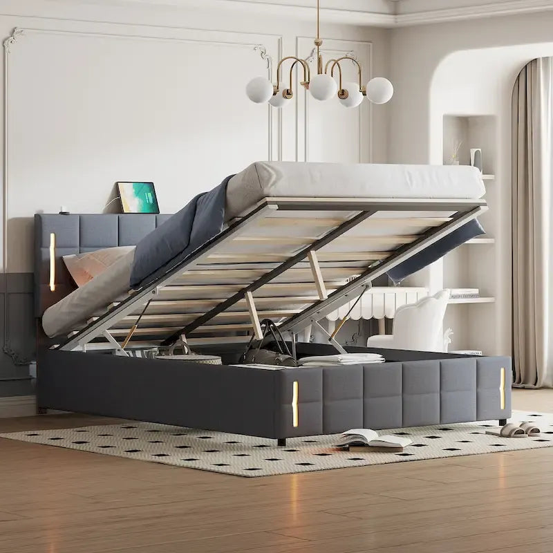 Queen Size Upholstered Bed with Hydraulic Storage System