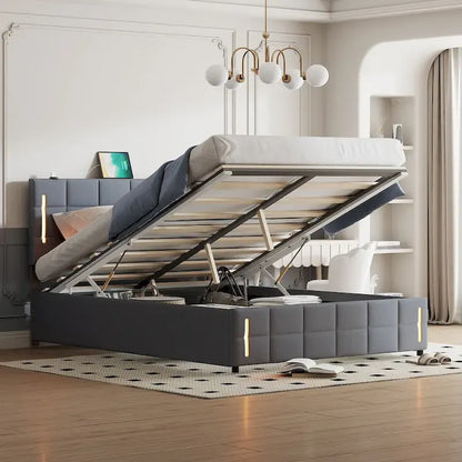 Queen Size Upholstered Bed with Hydraulic Storage System