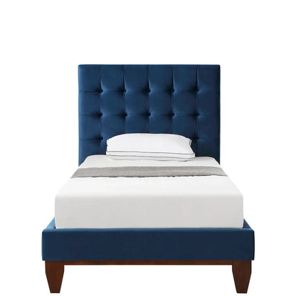 Navy Blue Solid Wood Twin Tufted Upholstered Velvet Bed