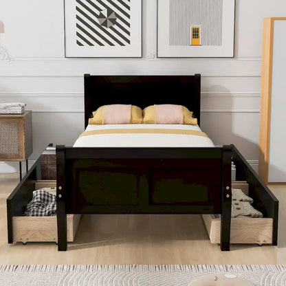 Twin Size Wood Platform Bed with 4 Drawers and Streamlined Headboard