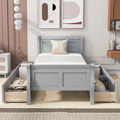 Twin Size Wood Platform Bed with 4 Drawers and Streamlined Headboard