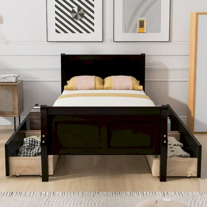 Twin Size Wood Platform Bed with 4 Drawers and Streamlined Headboard
